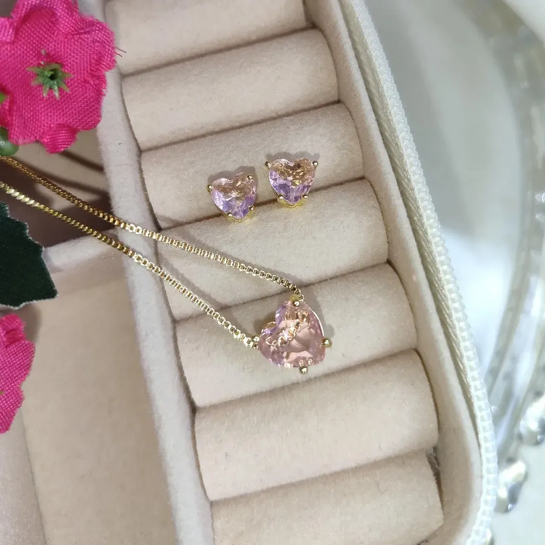 Conjunto de Coração Zirconia Rose Banhado a Ouro