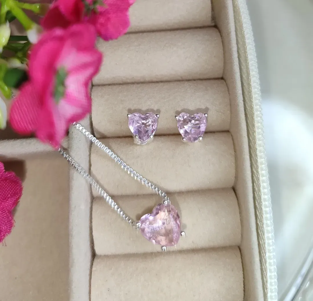 Conjunto de Coração Zirconia Rose Banhado a Prata