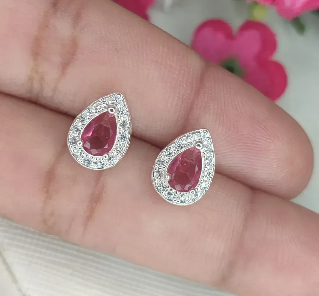 Brinco Gota Zirconia Rosa Cravejado Banhado a Prata