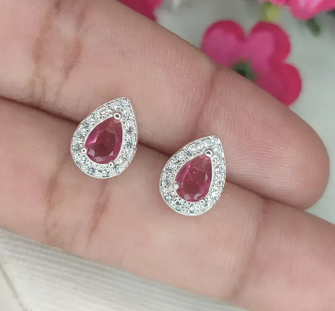 Brinco Gota Zirconia Rosa Cravejado Banhado a Prata M