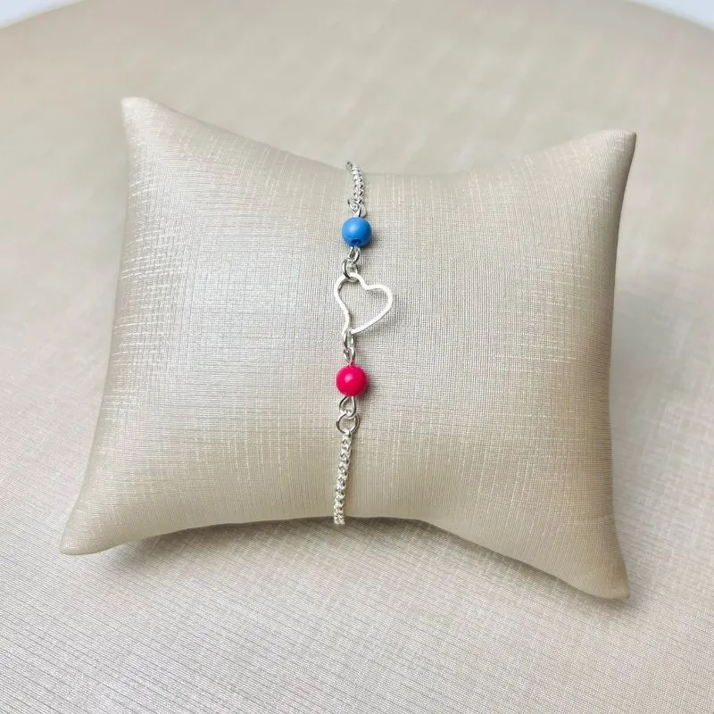 Pulseira De Coração Com Bolinha Rosa E Azul Banhada a Prata